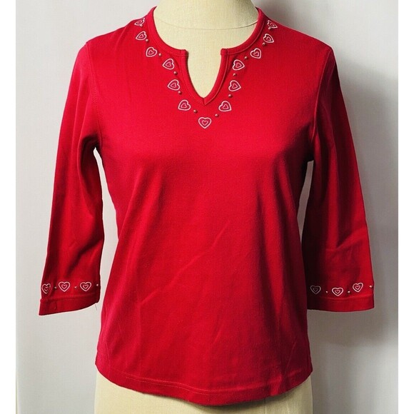 Designers Originals Petite Top V-neck Embroidered Beaded Long Sleeves Sz PM RED - Picture 1 of 4